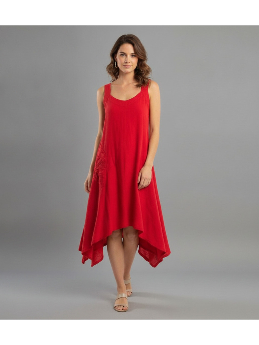 Resort Ready Red Sleeveless Midi Dress Small Asymmetrical Hem Bohemian Festival